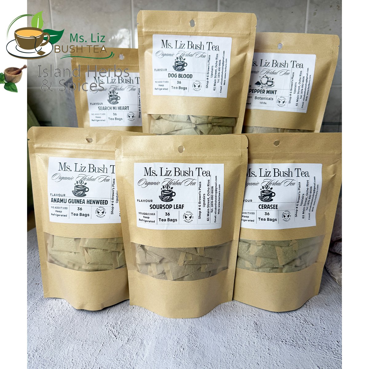 A Collection of Jamaican Herbal Teas This collection features Search Mi Heart – 36 tea bags Dog Blood36 tea bags Kama Sutra Menta Mint (Jamaican Pepper mint) 20 36 tea bags Cerasee - 36 tea bags Soursop - 36 tea bags Guinea Hen Weed - 36 tea bags Jamaican herbal teas 36 tea bags pack of six
